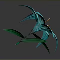 Blue Lily Plant with Green Stem and Leaves on Dark Background with Reflection