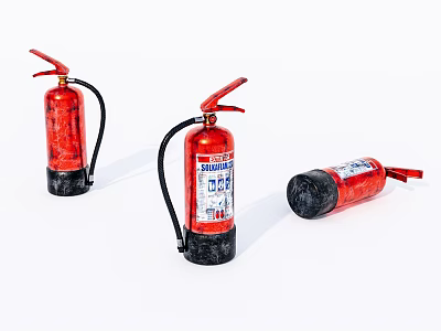Three Red Fire Extinguishers With Pressure Gauge Standing And Lying On White Background 3d model