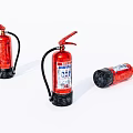 Three Red Fire Extinguishers With Pressure Gauge Standing And Lying On White Background