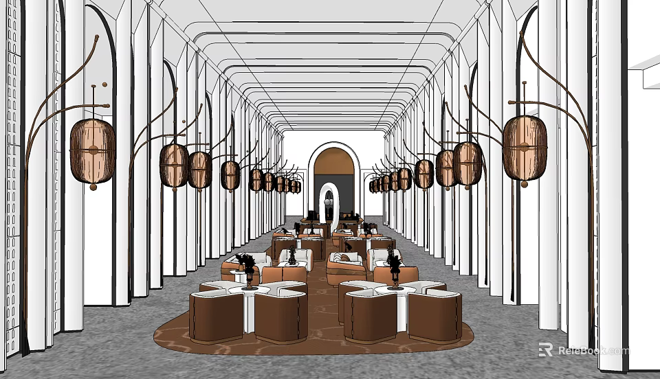 Elegant Leisure Area Interior With Long Corridor Lantern Lamps Round Tables And Sofas 3d model 