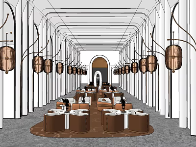 Elegant Leisure Area Interior With Long Corridor Lantern Lamps Round Tables And Sofas 3d model