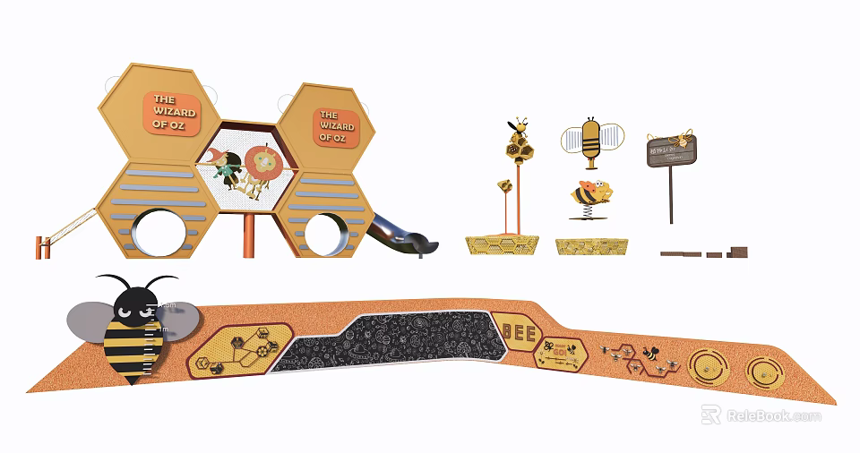 Bee Themed Playground Equipment Featuring Hexagonal Structures Slide Bee Sculptures And Ground Patterns 3d model