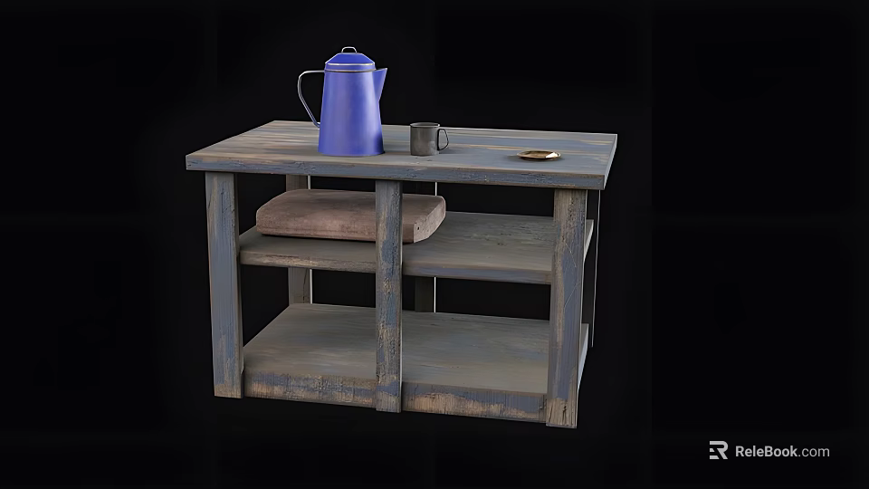 Vintage Wooden Desk With Shelves Cushion Blue Kettle Small Cup And Tray 3d model 