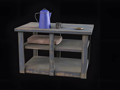 Vintage Wooden Desk With Shelves Cushion Blue Kettle Small Cup And Tray 3d model