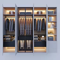 Modern Wardrobe Interior With Hanging Clothes Folded Garments Drawers And Lighting