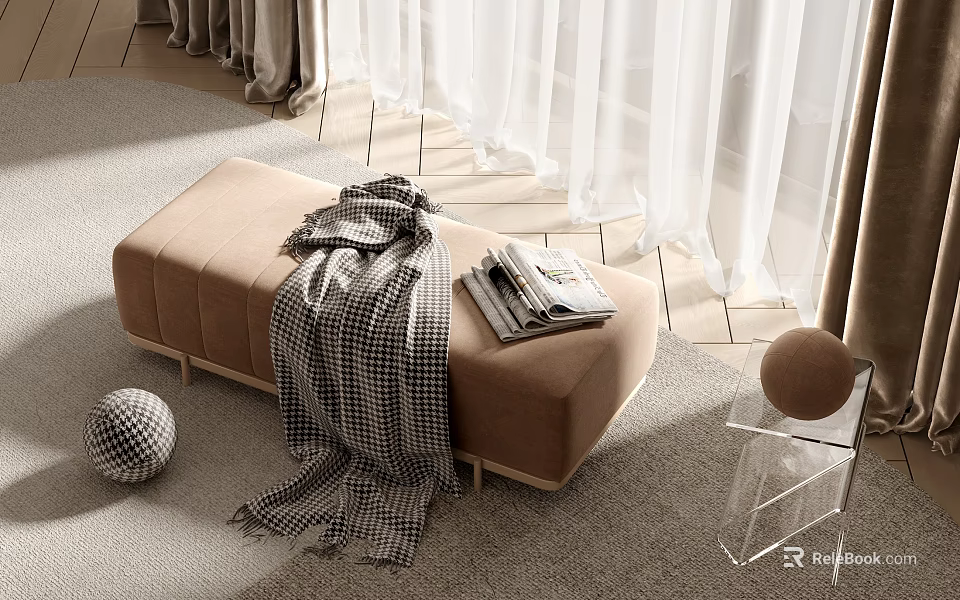 Beige Ottoman With Checkered Blanket And Magazines 3d model 
