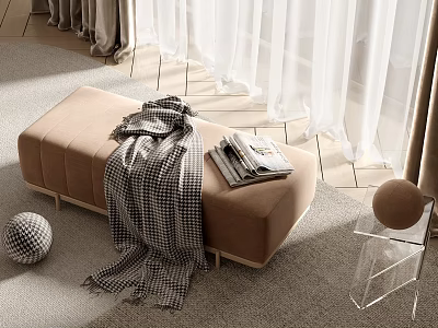 Beige Ottoman With Checkered Blanket And Magazines 3d model