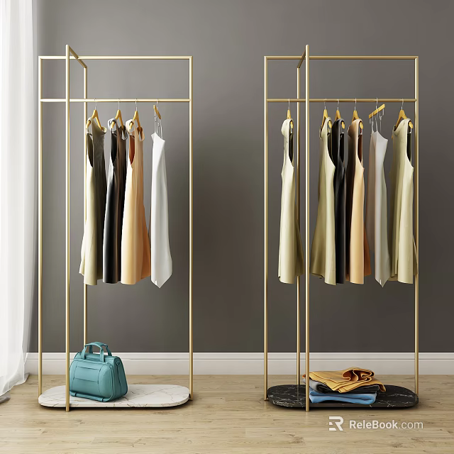 Golden Clothes Rack with Hanging Multi Colored Dresses and Side Blue Handbag with Folded Clothes 3d model 