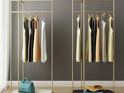 Golden Clothes Rack with Hanging Multi Colored Dresses and Side Blue Handbag with Folded Clothes 3d model