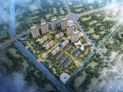 Aerial View Planning of Urban Residential Complex With Greenery River And Roads 3d model