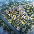 Aerial View Planning of Urban Residential Complex With Greenery River And Roads