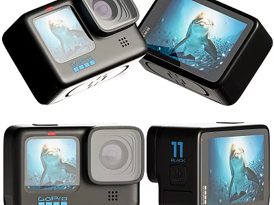 GoPro Hero 11 Action Cameras with Shark Underwater Footage on Touchscreen 3d model