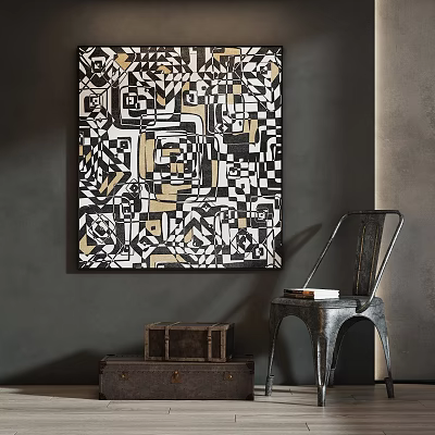 Abstract Geometric Painting With Black White Beige Hanging On Dark Gray Wall 3d model