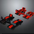 Three Red And Black Toy Cars With Open Hoods Displaying Engine Details