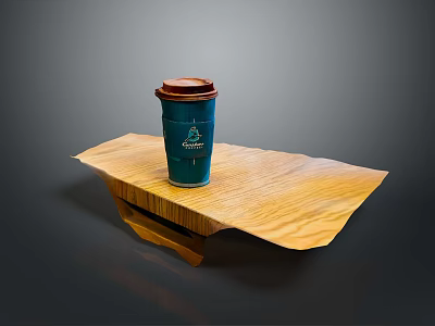 Green Coffee Cup With Brown Lid On Wooden Table Surface 3d model