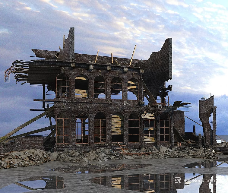 Collapsed Building Structure With Broken Brick Walls Arched Windows Wooden Beams And Rubble 3d model 