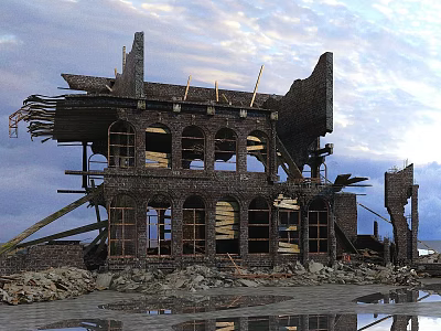 Collapsed Building Structure With Broken Brick Walls Arched Windows Wooden Beams And Rubble 3d model
