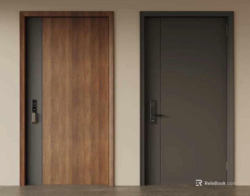 Modern Security Door Designs With Wood Grain And Dark Gray Finishes And Secure Locks 3d model 