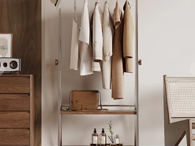 Metal Clothes Rack Hanging Shirts Coats With Lower Shelf Holding Bag And Bottles Near Cabinet 3d model