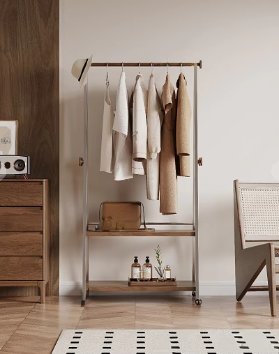Metal Clothes Rack Hanging Shirts Coats With Lower Shelf Holding Bag And Bottles Near Cabinet 3d model