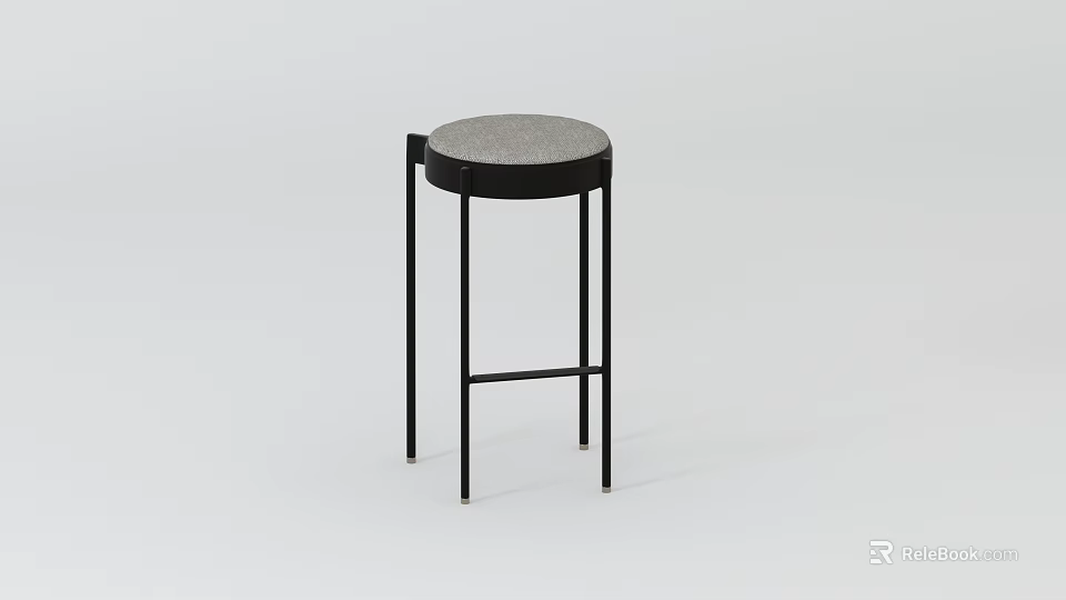 Modern Bar Stool With Black Metal Legs And Gray Upholstered Seat 3d model 