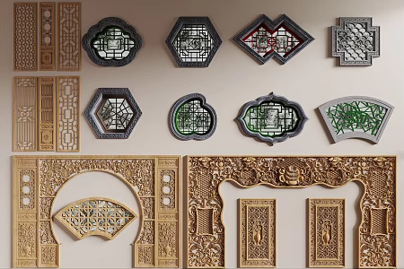 New Chinese Style Hollow Window Carved Component Antique Leaking Window Landscape Wall Plaid Window Garden Hollow Window 3d model