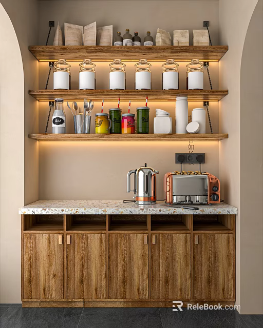 Wooden Sideboard with Marble Countertop Shelves Storage Jars Utensils and Lighting Appliances 3d model 