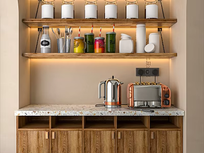 Wooden Sideboard with Marble Countertop Shelves Storage Jars Utensils and Lighting Appliances 3d model