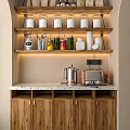 Wooden Sideboard with Marble Countertop Shelves Storage Jars Utensils and Lighting Appliances
