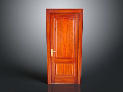 Solid Wood Brown Swing Door Featuring Natural Wood Grain and Golden Handle 3d model