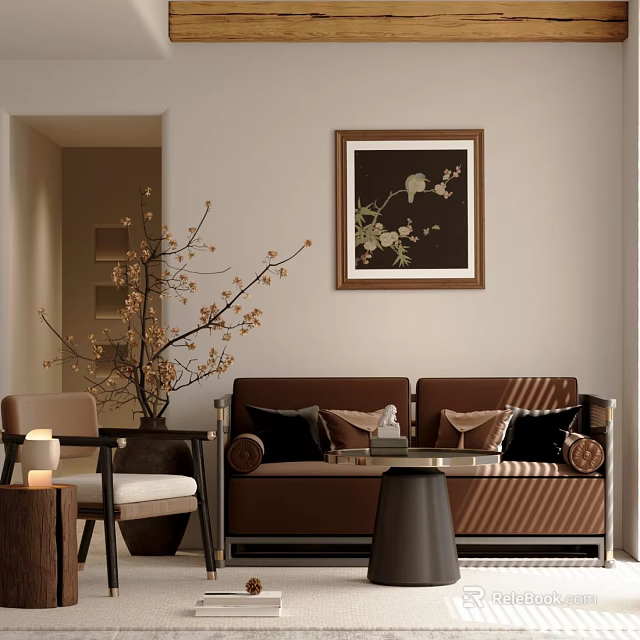 Brown Sofa With Decorative Pillows Modern Coffee Table Set And Wall Art With Floral Design 3d model 