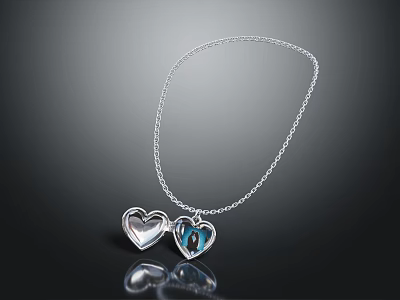 Blue Cat Design Silver Necklace With Two Heart Shaped Pendants 3d model