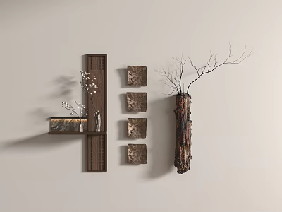 Modern Wall Hangings with Wooden Shelf Decorative Paintings and Branch Ornament 3d model