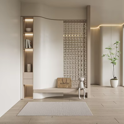 Modern Minimalist Entryway Hallway With Decorative Partition Bookshelf Bench And Potted Plant 3d model