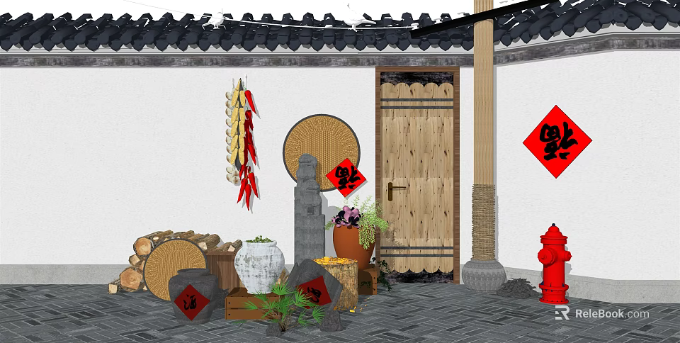 Chinese Garden Ornaments Featuring Red Fortune Characters Chili Strings Wooden Door And Green Plants 3d model 