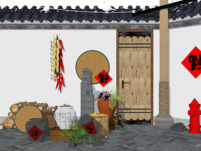 Chinese Garden Ornaments Featuring Red Fortune Characters Chili Strings Wooden Door And Green Plants 3d model
