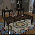 Marble Top Coffee Table and Side Tables Set with Fresh Flowers on Decorative Living Room Rug