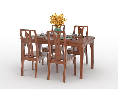 Wooden Dining Table Set with Four Chairs Green Vase Yellow Flowers And Tableware 3d model
