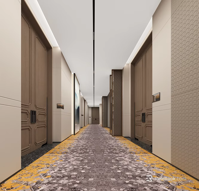 Modern Elevator Hallway Interior Design With Wooden Doors Patterned Carpet And Lighting 3d model