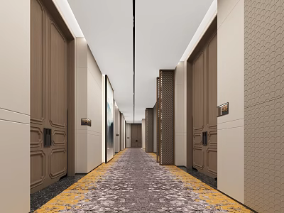 Modern Elevator Hallway Interior Design With Wooden Doors Patterned Carpet And Lighting 3d model