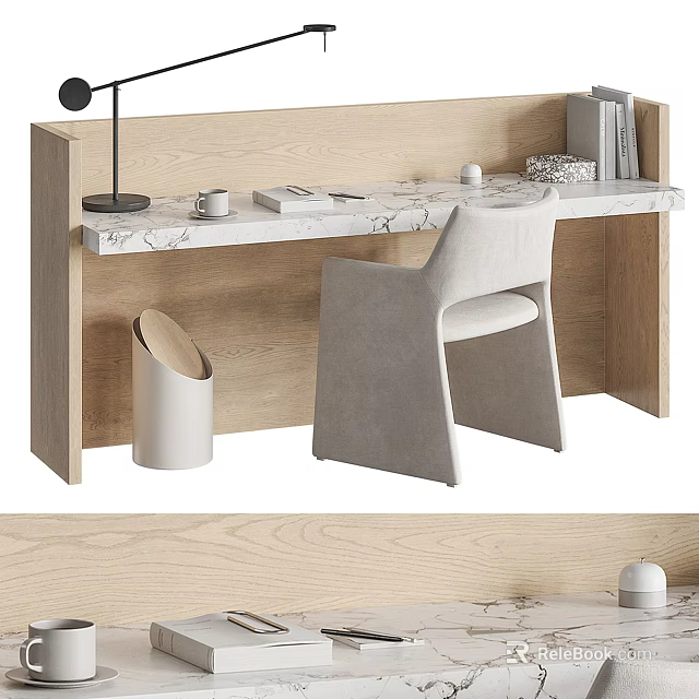 Modern Minimalist Desk Setup With Wooden Frame Marble Tabletop Gray Chair And Books 3d model 