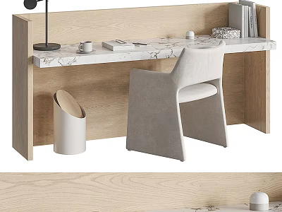 Modern Minimalist Desk Setup With Wooden Frame Marble Tabletop Gray Chair And Books 3d model
