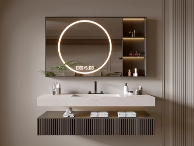Modern Bathroom Vanity with Round LED Mirror Double Sink Countertop Toiletries and Drawer Cabinet 3d model