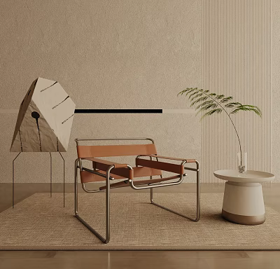 Modern Brown Leather Leisure Chair With Metal Frame And Side Table Near Potted Plant 3d model
