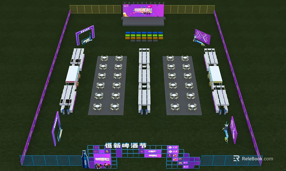Super Hi Party Photo Check In Spot With Purple Stage And Seating Arrangement 3d model 