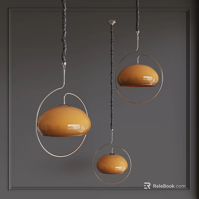 Three Orange Pendant Lights With Metal Ring Frames And Black Cords On Gray Wall 3d model