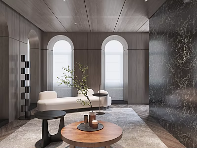 Stylish Lounge Area With Wooden Ceiling Arched Windows Marble Wall Sofa And Coffee Table 3d model