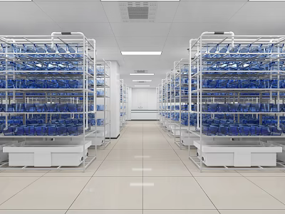 Modern Laboratory Interior With Racks And Blue Containers 3d model