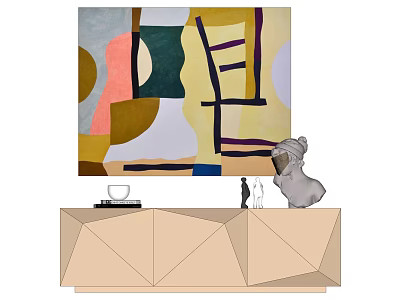 Modern Geometric Console Table With Sculpture Books And Abstract Painting 3d model