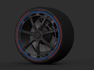 Modern Car Tire With Black Alloy Wheel And Red Blue Accent Design 3d model